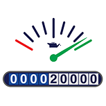 Dessin d’un compteur indiquant 20 000 miles (32 187 km). L’aiguille, qui est verte, indique que le compteur est plein, car il est également vert